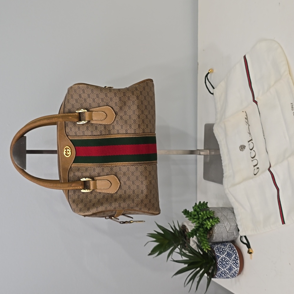 GUCCI - Vintage GG Supreme Boston Bag in Tan, PVC & Leather, with Sherry Line